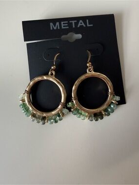 Metal Brand Gold Hoop Earrings with Green Bead Fringe, NWOT